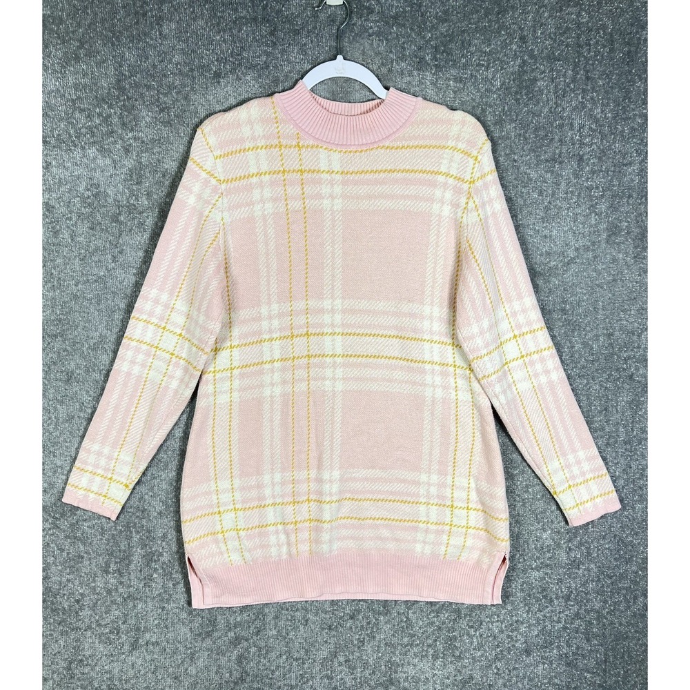 Isaac Mizrahi Live Plaid Jacquard Sweater Womens Size M Pink Mock Neck Tunic Top